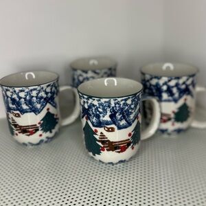 Folk Craft Cabin in the Snow, Tienshan Coffee Mug Set of 4